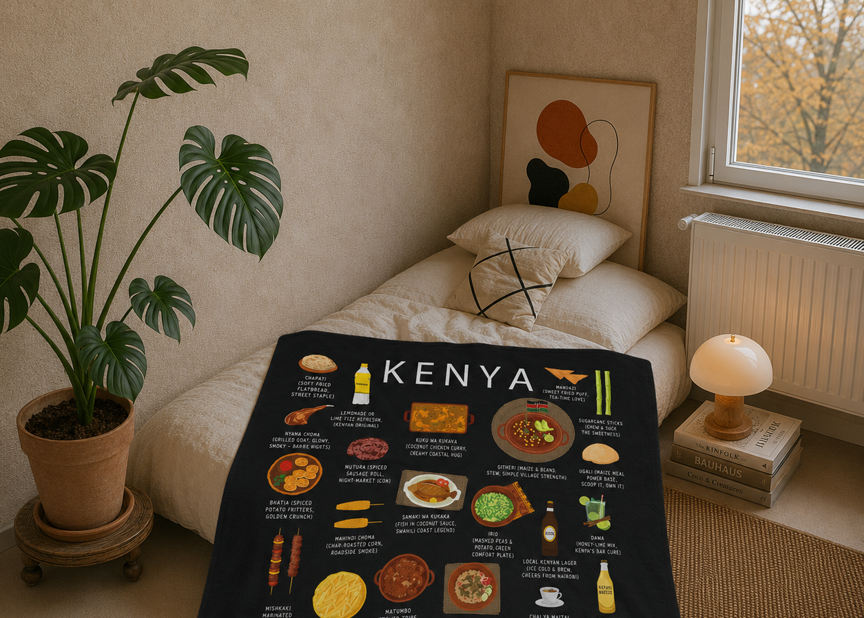 Black Kenya food blanket draped across a linen bed in a warm plaster bedroom with a monstera plant and autumn window light