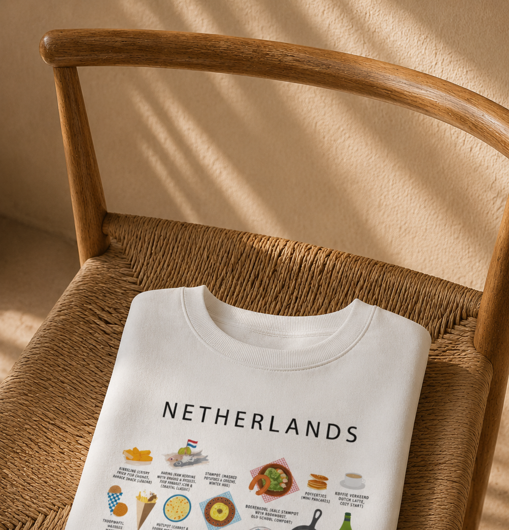 Cream Netherlands sweatshirt folded on a woven wooden chair in warm sunlight