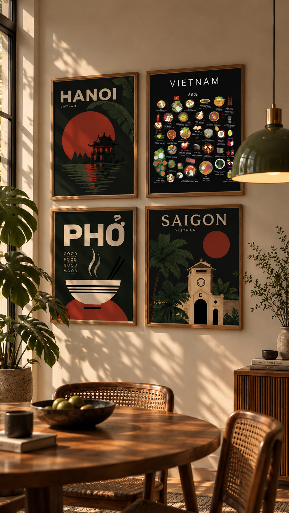 Vietnam food poster in a layered gallery wall with warm evening colour
