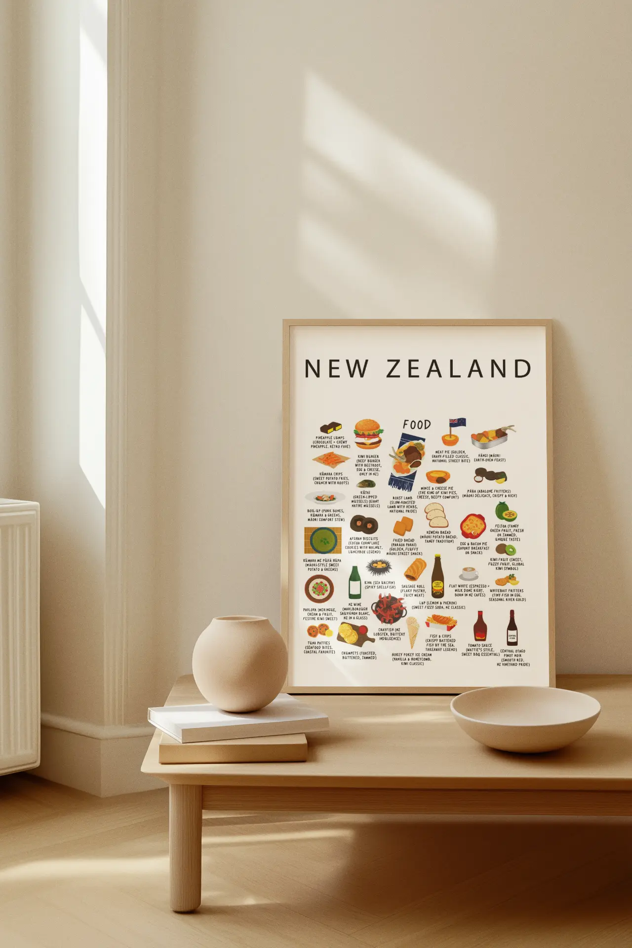 Framed white New Zealand food poster on a low wooden table in soft daylight