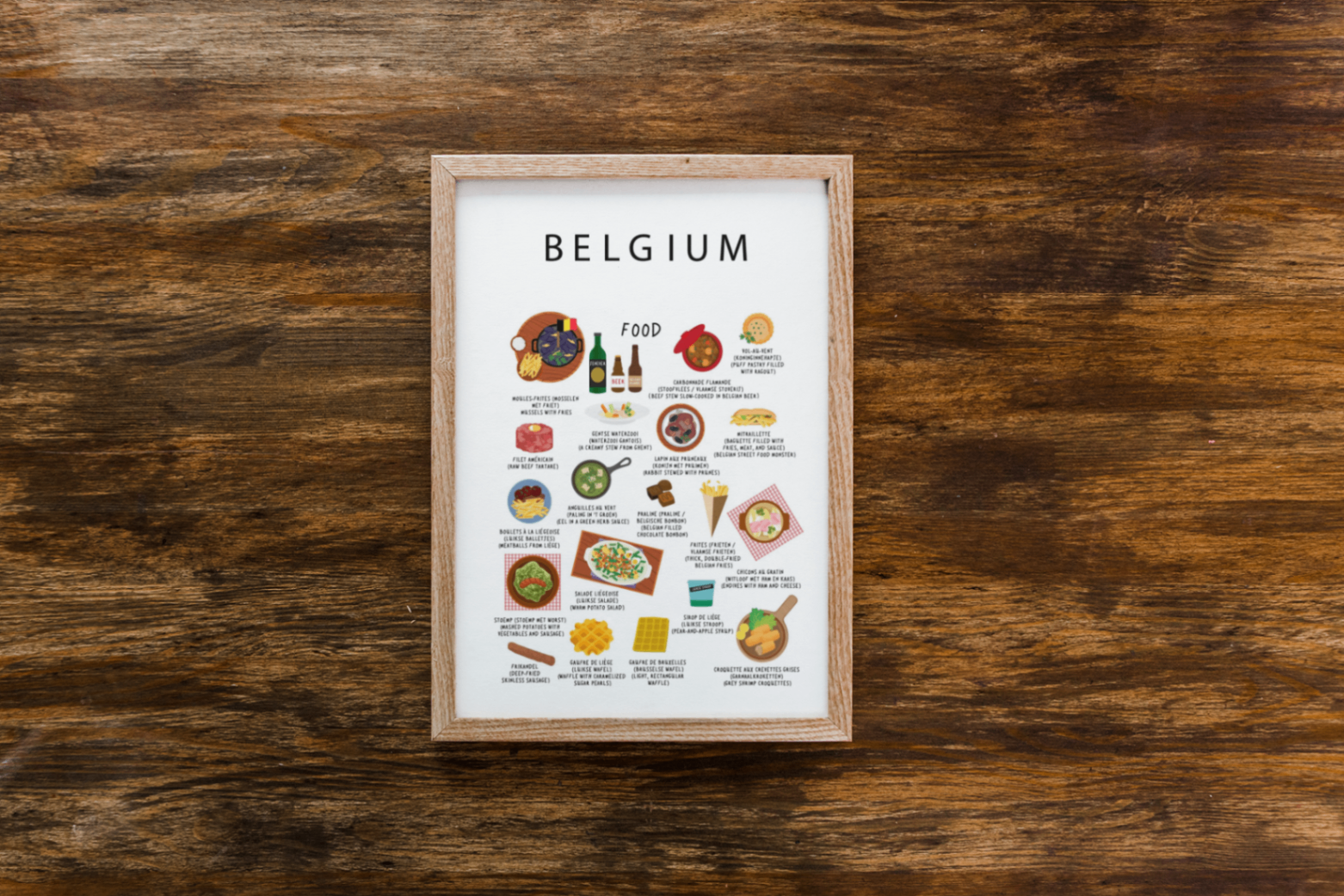 White Belgium food poster in a warm oak frame on a dark wooden wall