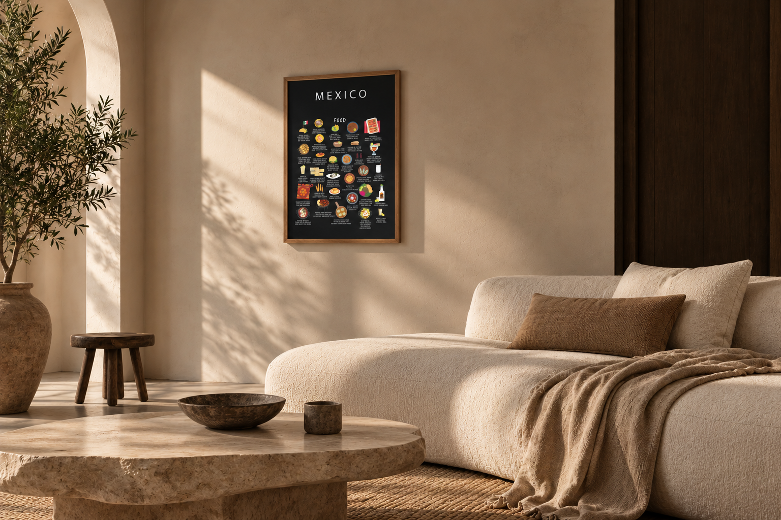 Framed Mexico food poster in a sunlit Mediterranean living room