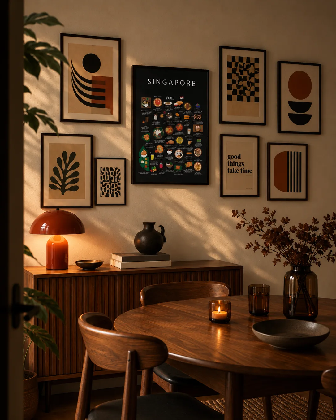 Singapore food poster hung in the centre of a gallery wall above a sideboard and round wooden dining table