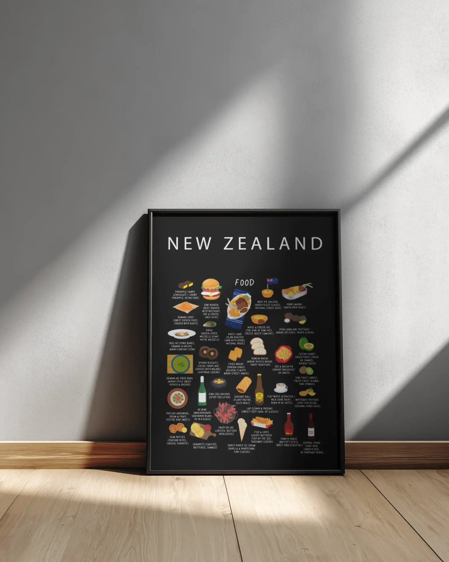 Framed black New Zealand food poster resting in clear afternoon light