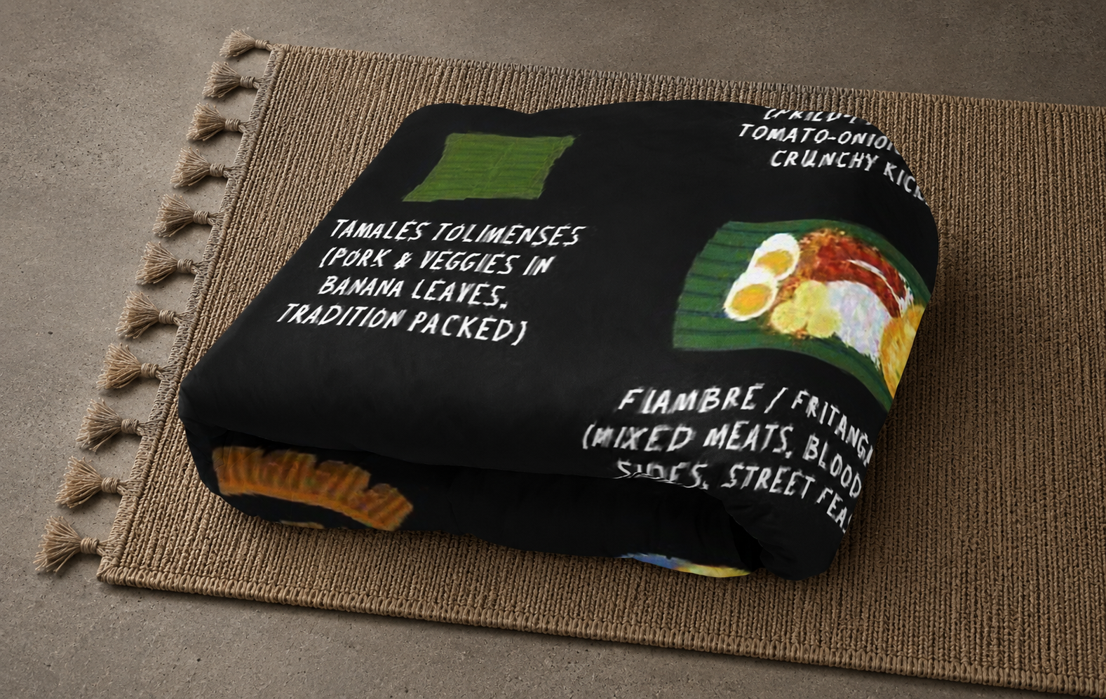 Folded Cuba food blanket resting on a jute mat in soft daylight