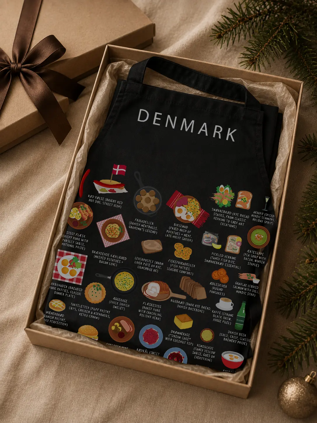 Black Denmark food apron folded in a gift box with a brown ribbon and pine branches