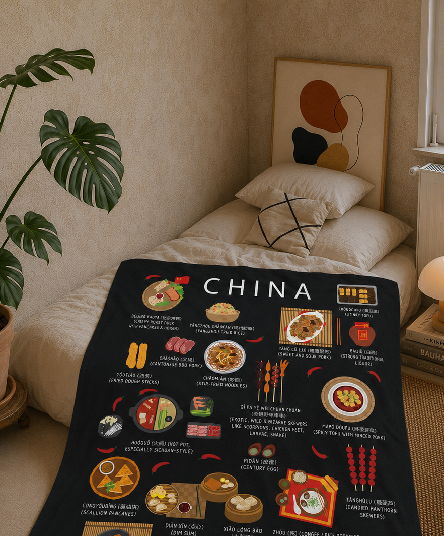 Black China food blanket draped over a linen bed in a warm bedroom with monstera plant and neutral art