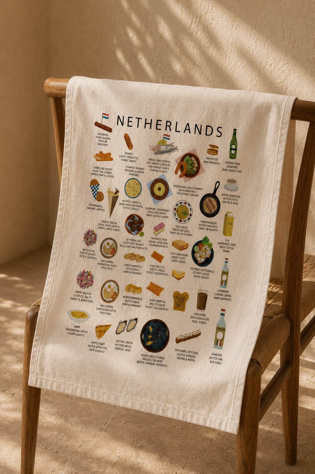 Netherlands tea towel draped over a wooden chair in warm sunlight