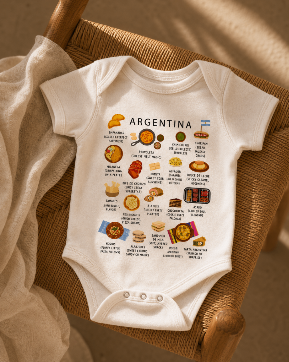 White Argentina baby romper laid across a woven wooden chair in golden light