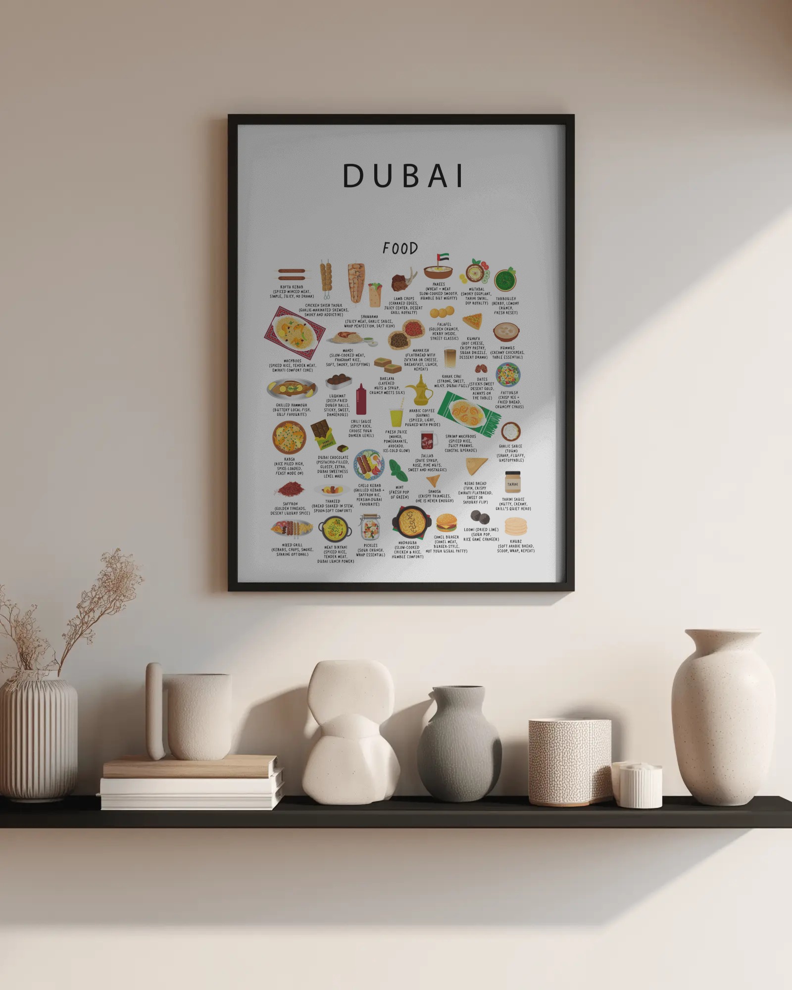 Dubai food collection thumbnail featuring illustrations of Machboos and Shawarma — Maison Maps editorial artwork.