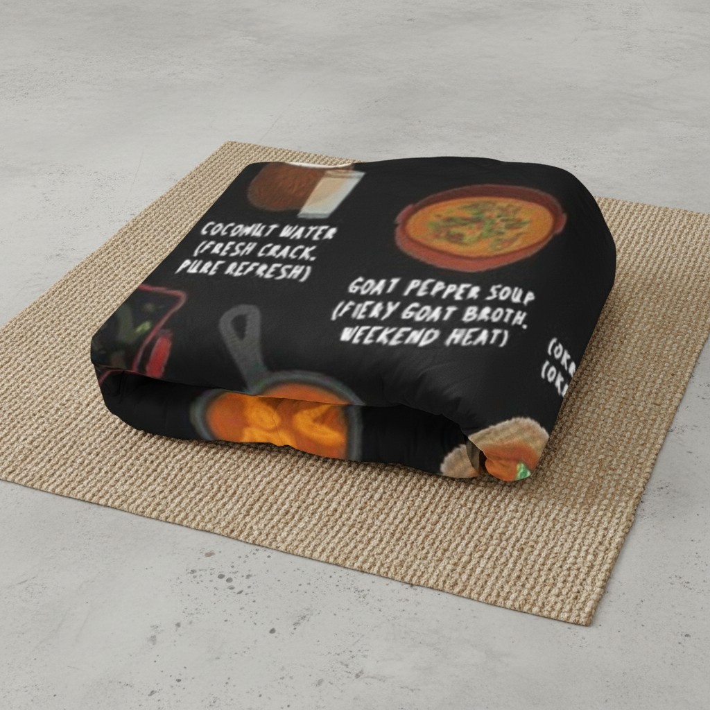 Folded black Liberia food blanket resting on a jute rug on a concrete floor