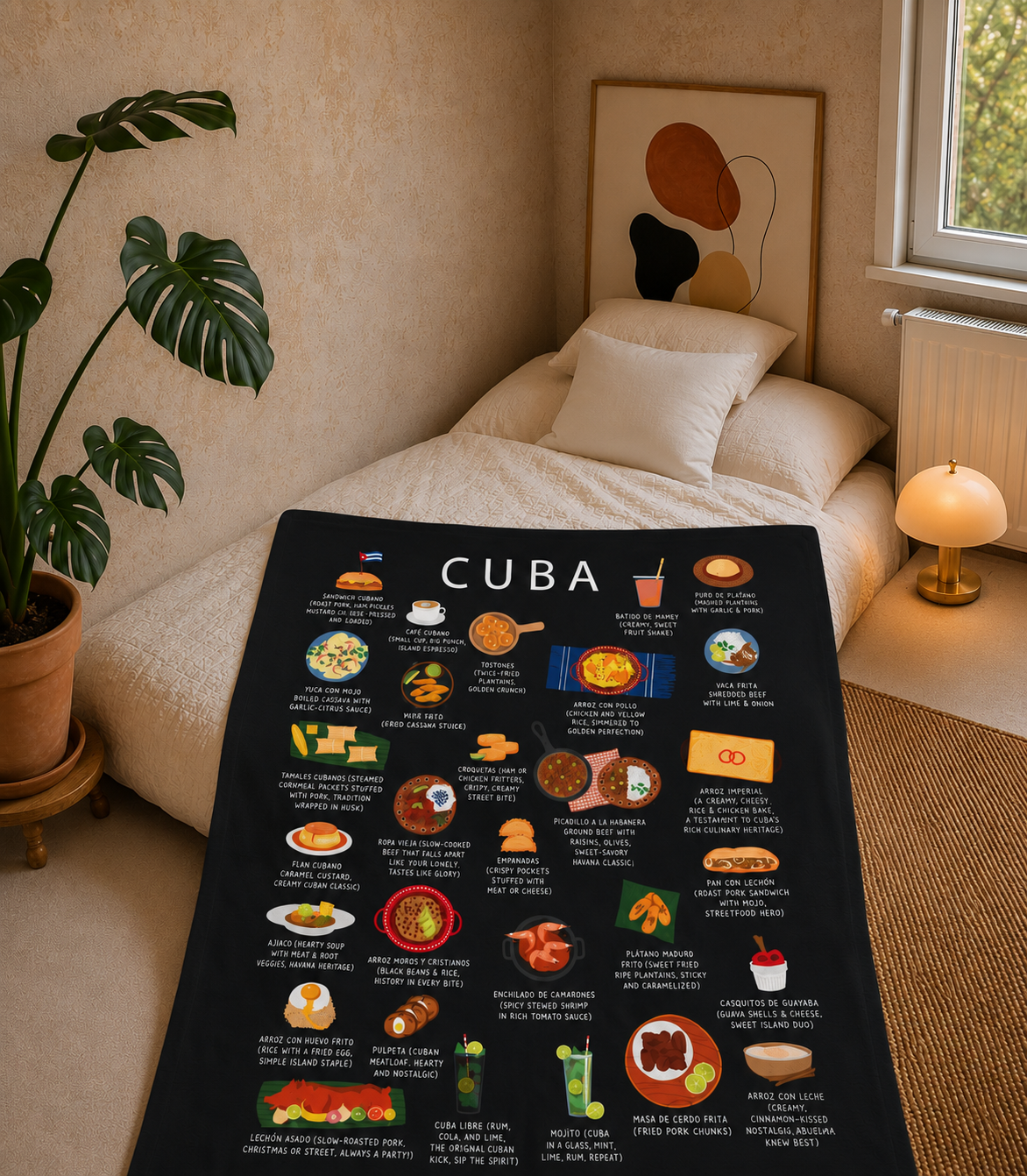 Cuba food blanket styled across a bed in a cozy sunlit bedroom