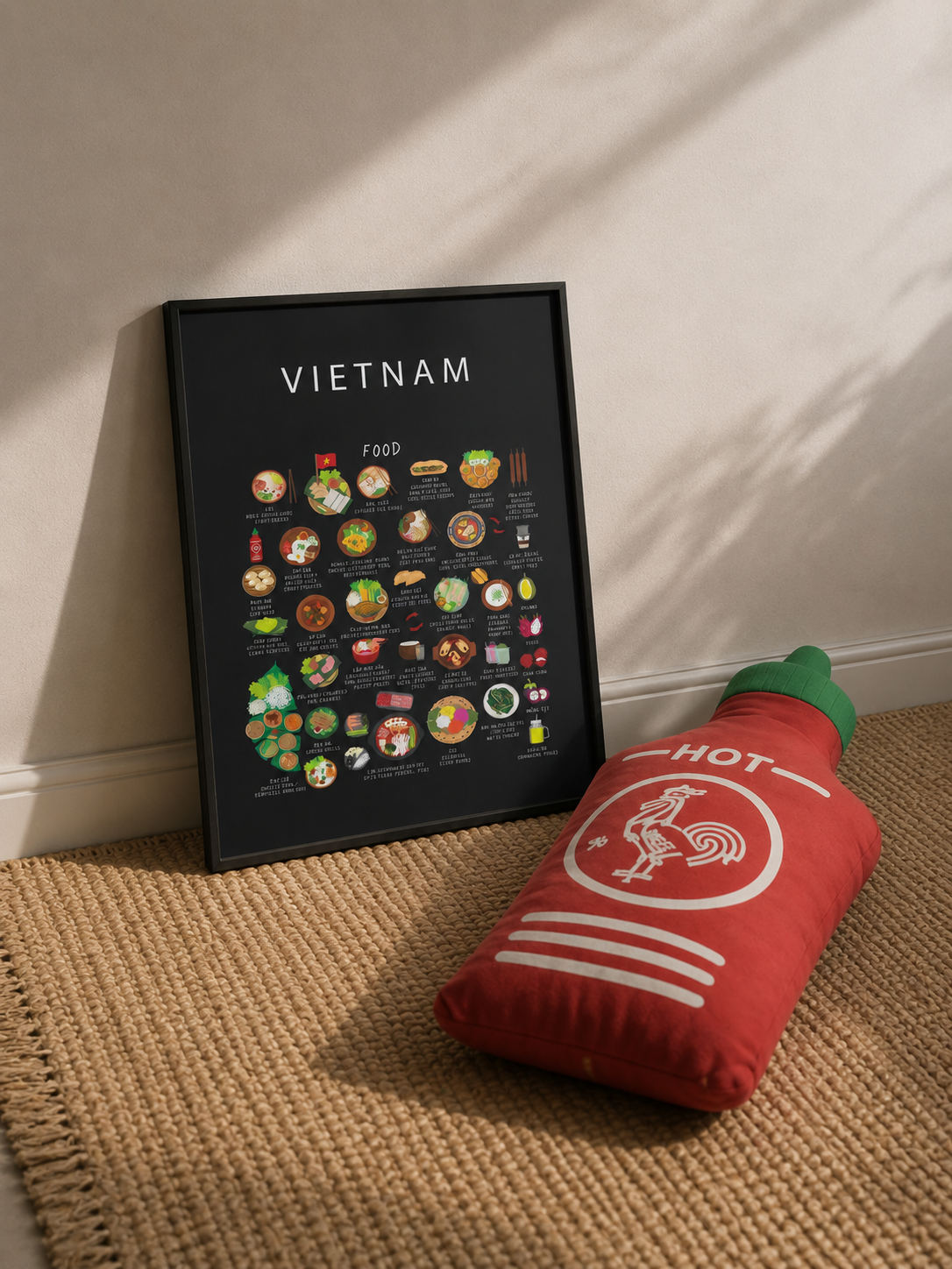Vietnam food poster with an illustrated cushion in a warm interior