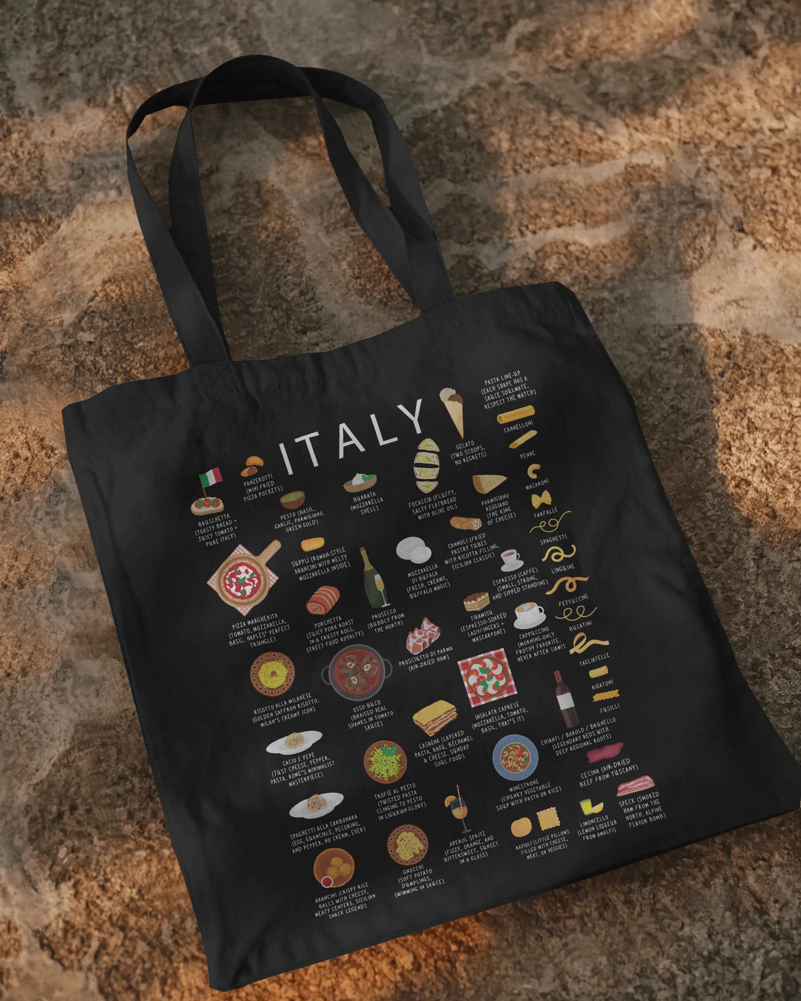 Black Italy food tote bag on textured stone background