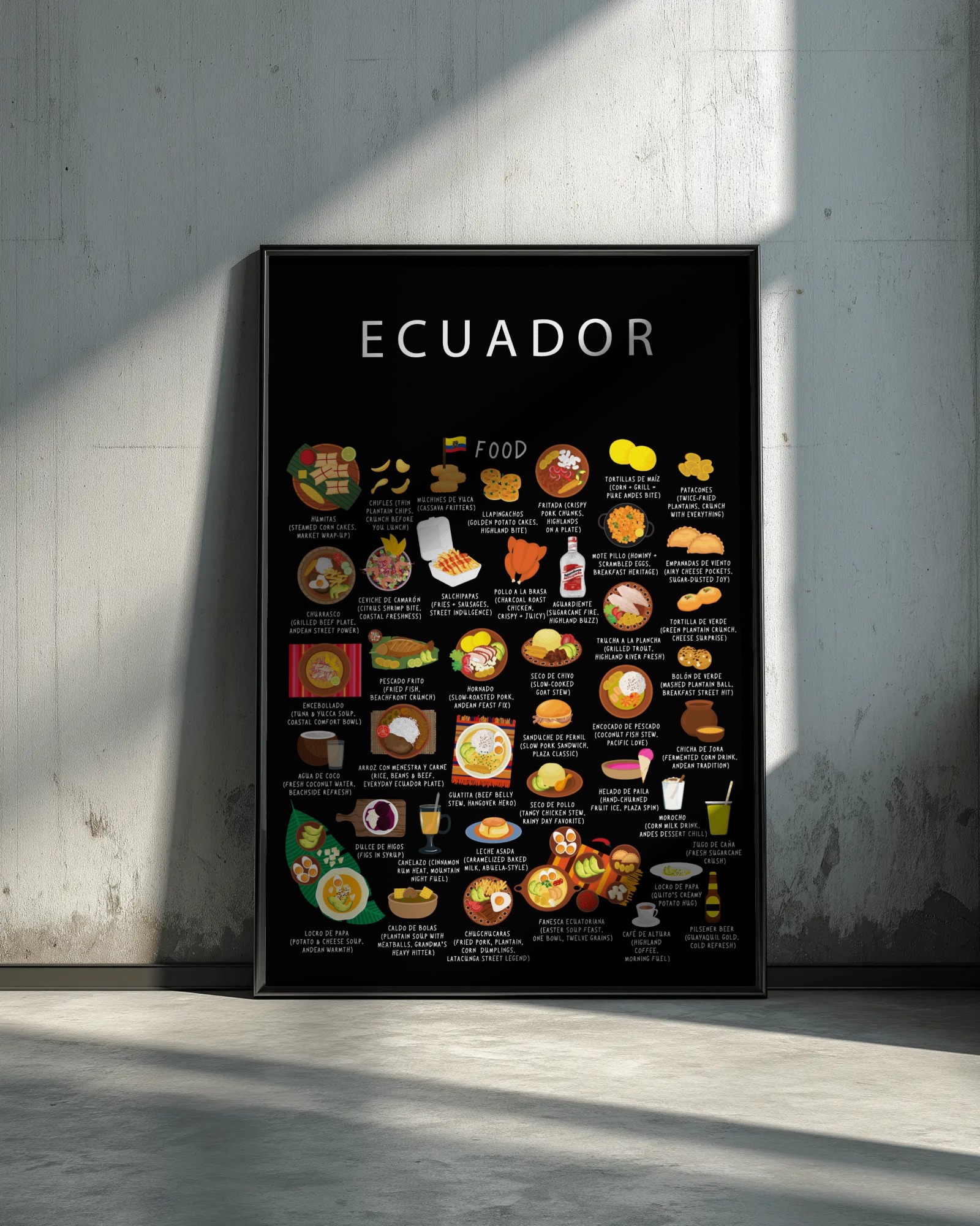 Ecuador food collection thumbnail featuring illustrations of Ceviche and Llapingachos — Maison Maps editorial artwork.