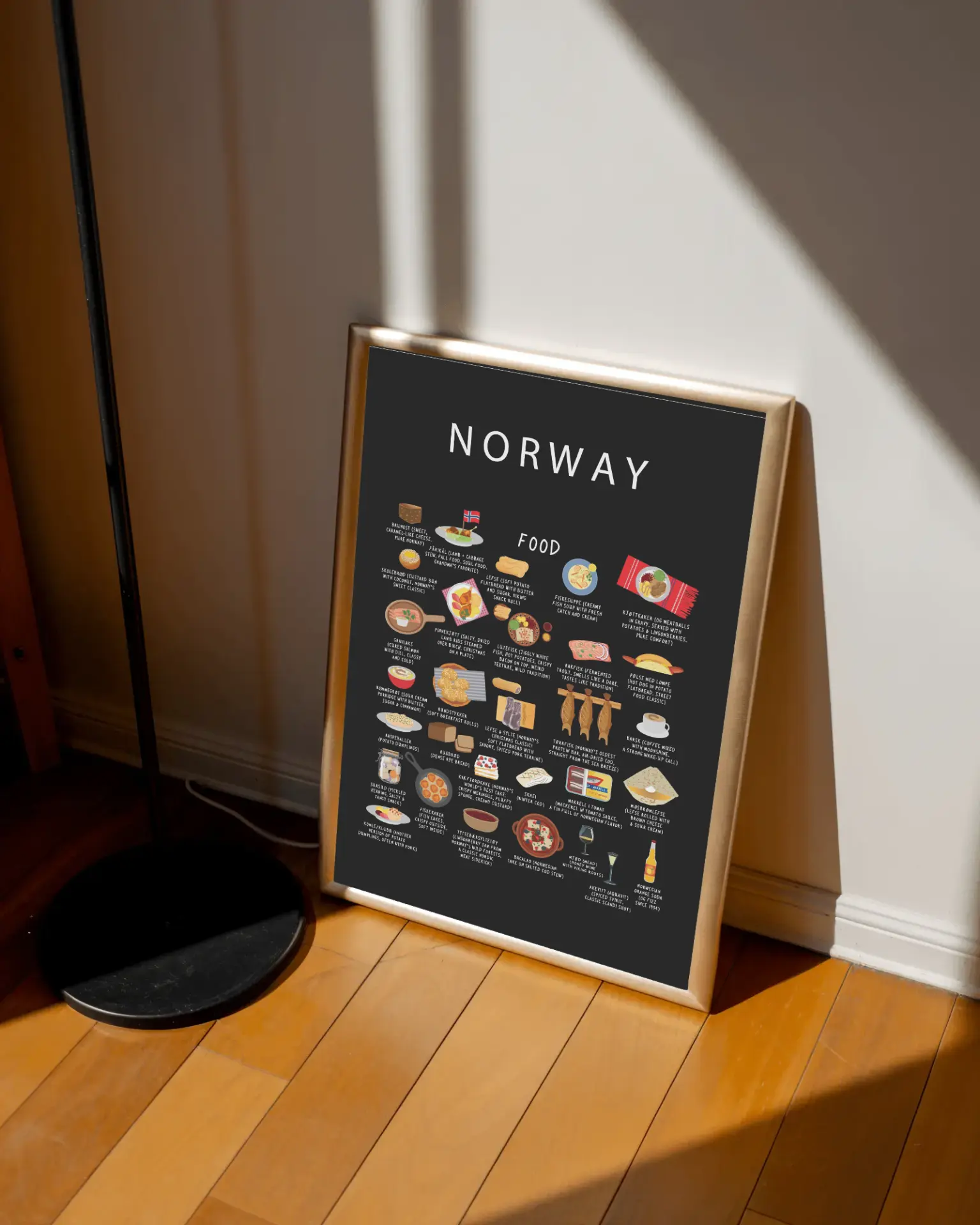 Black Norway food poster leaning in a quiet room crossed by clear Nordic sunlight
