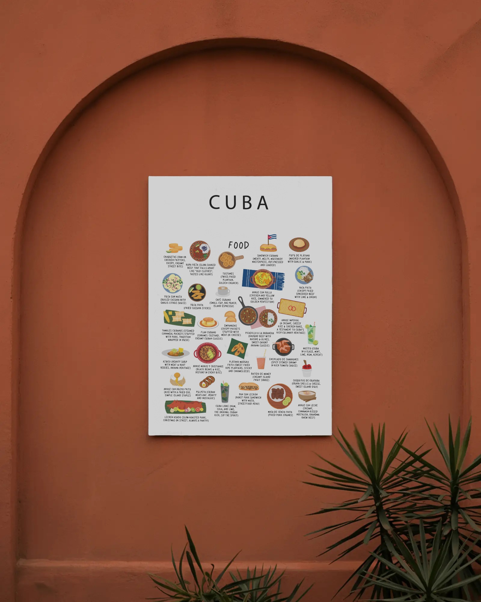 White Cuba food poster hung inside a warm terracotta archway with a yucca plant in soft daylight