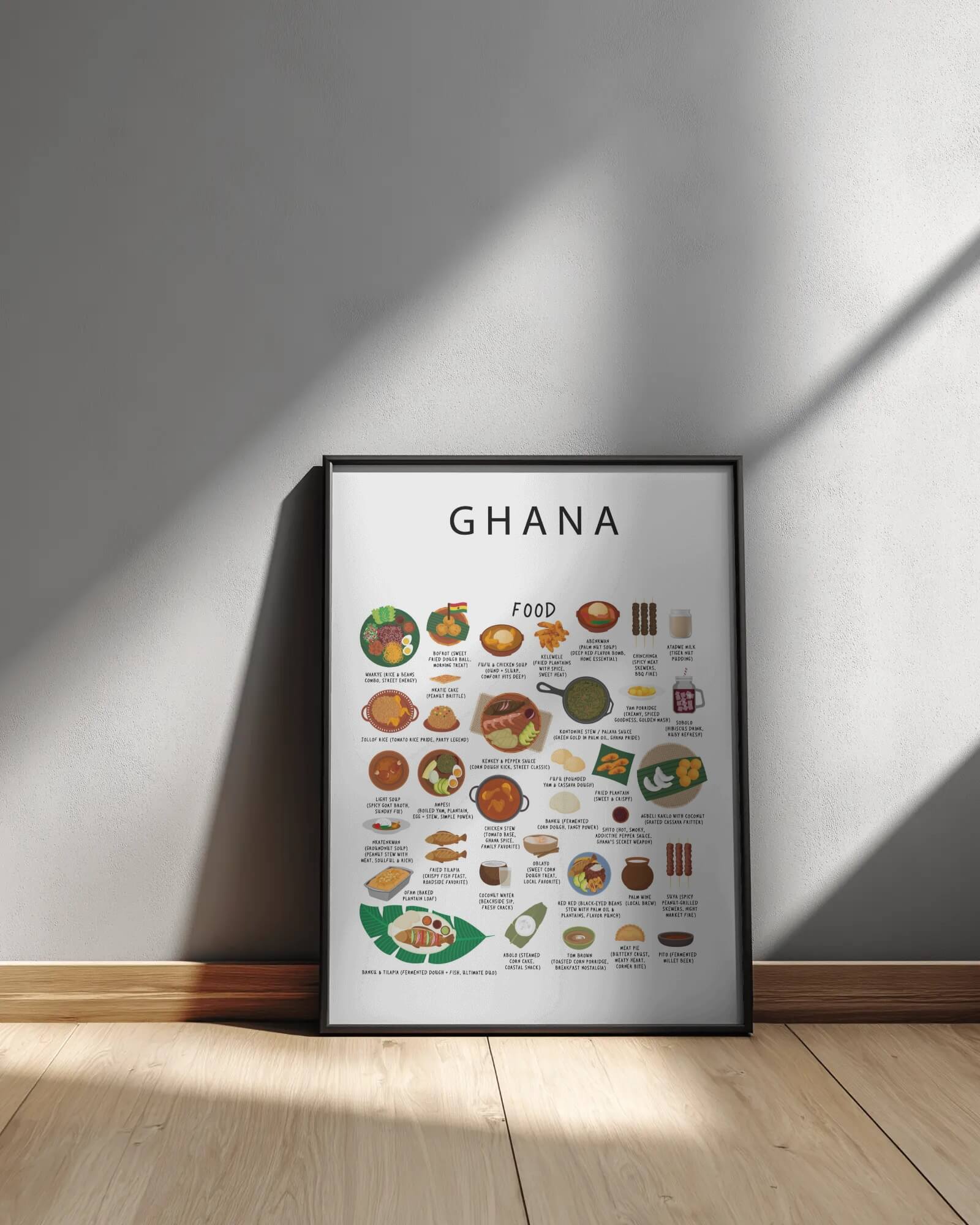 White Ghana food poster in a black frame leaning against a sunlit wall on a wooden floor