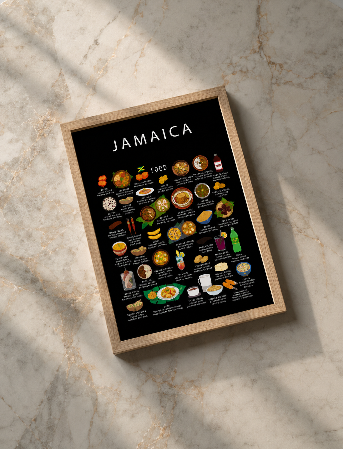 Jamaica food collection thumbnail featuring illustrations of Jerk and Ackee — Maison Maps editorial artwork.