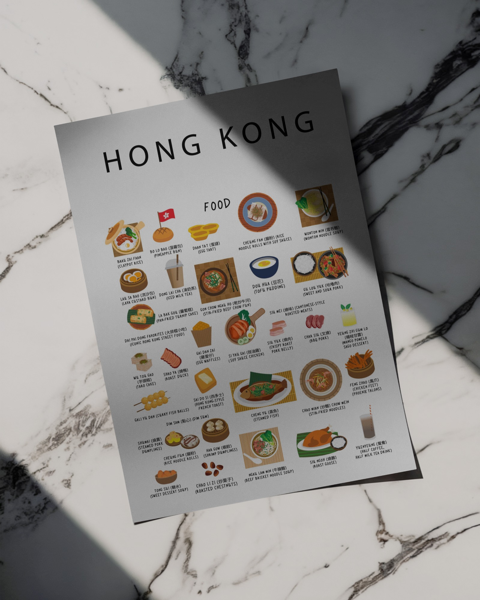 Hong Kong food collection thumbnail featuring illustrations of Dim Sum and Char Siu — Maison Maps editorial artwork.