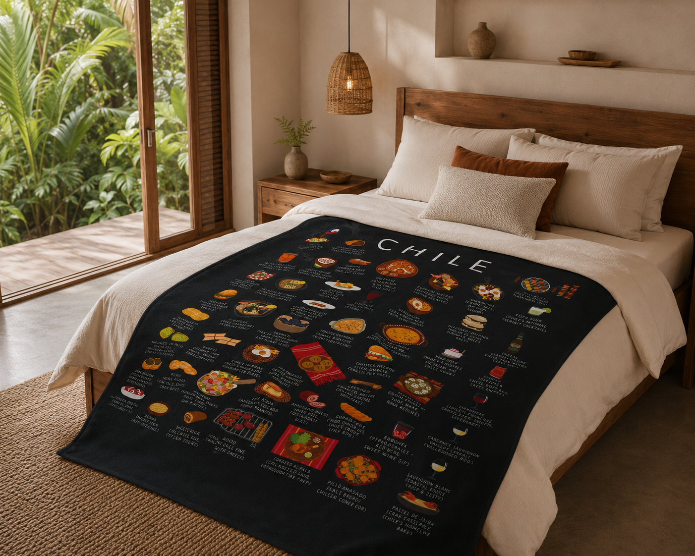 Chile food blanket styled across a bed in a warm tropical bedroom with a wooden headboard and rattan pendant
