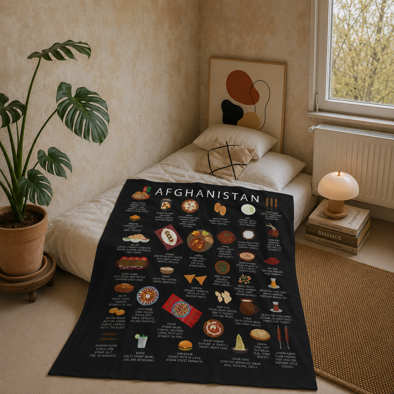 Black Afghanistan food blanket draped over a linen bed in a warm plaster-walled bedroom