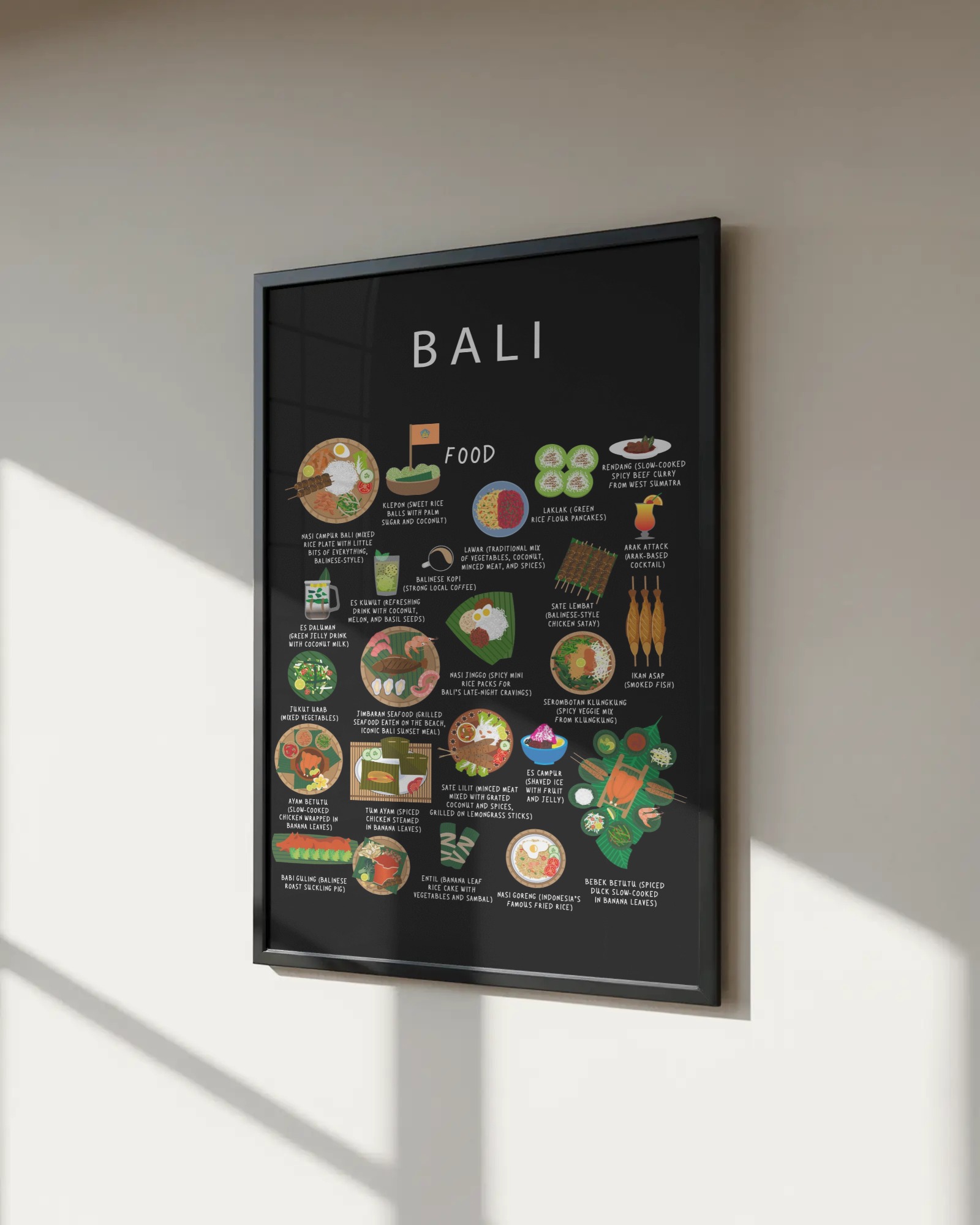 Bali food collection thumbnail featuring illustrations of Nasi Campur and Sate — Maison Maps editorial artwork.