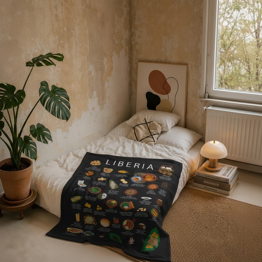 Black Liberia food blanket draped across a linen bed in a warm plaster bedroom with a monstera plant and autumn window light