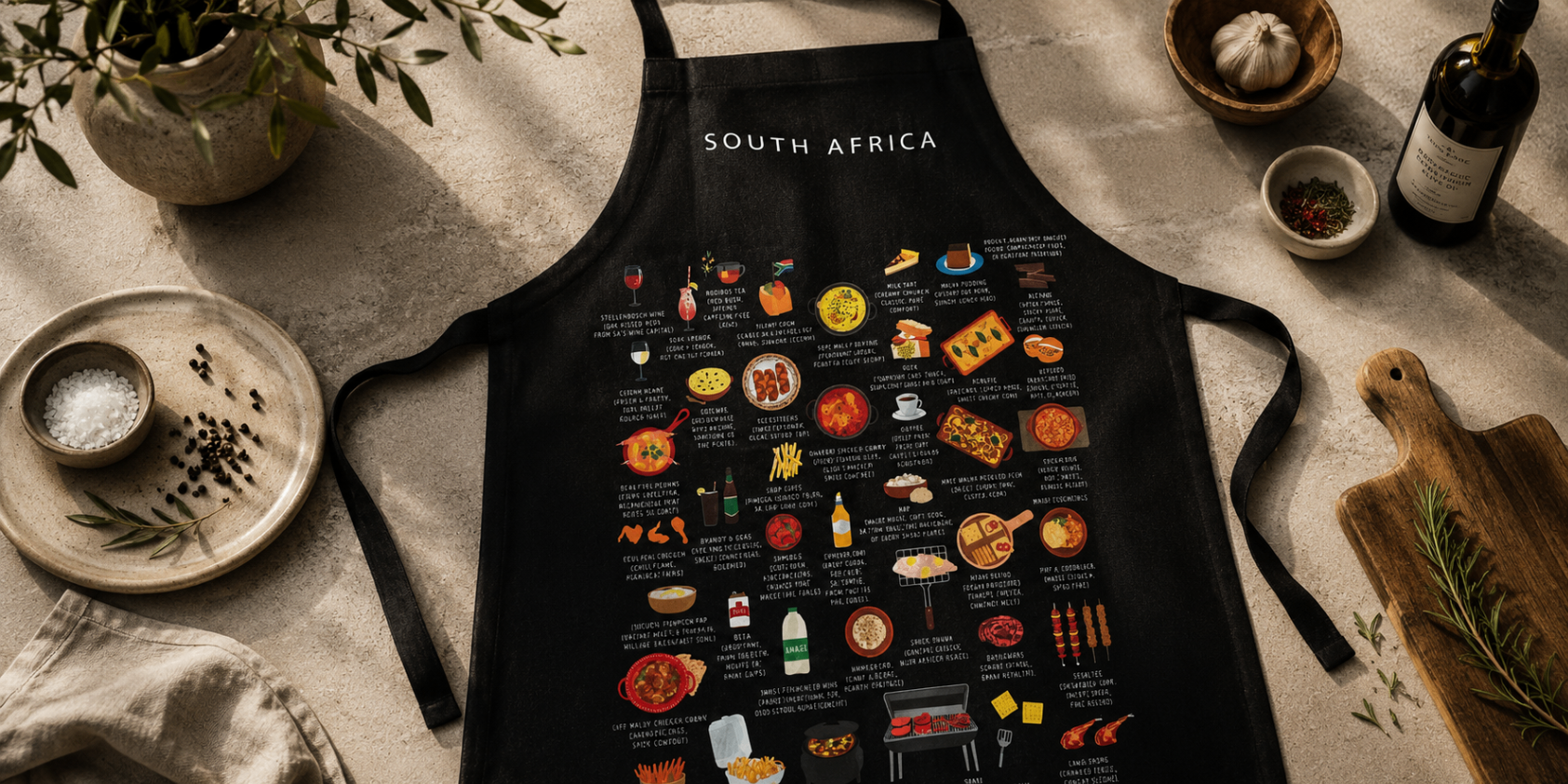 South Africa food collection thumbnail featuring illustrations of Braai and Bobotie — Maison Maps editorial artwork.