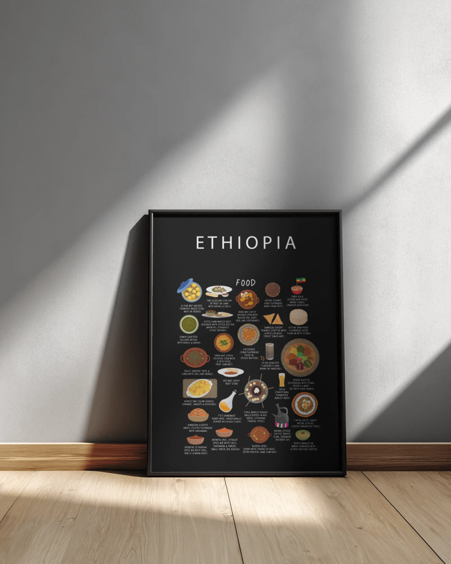 Black Ethiopia food poster in a black frame leaning against a pale wall on a wooden floor