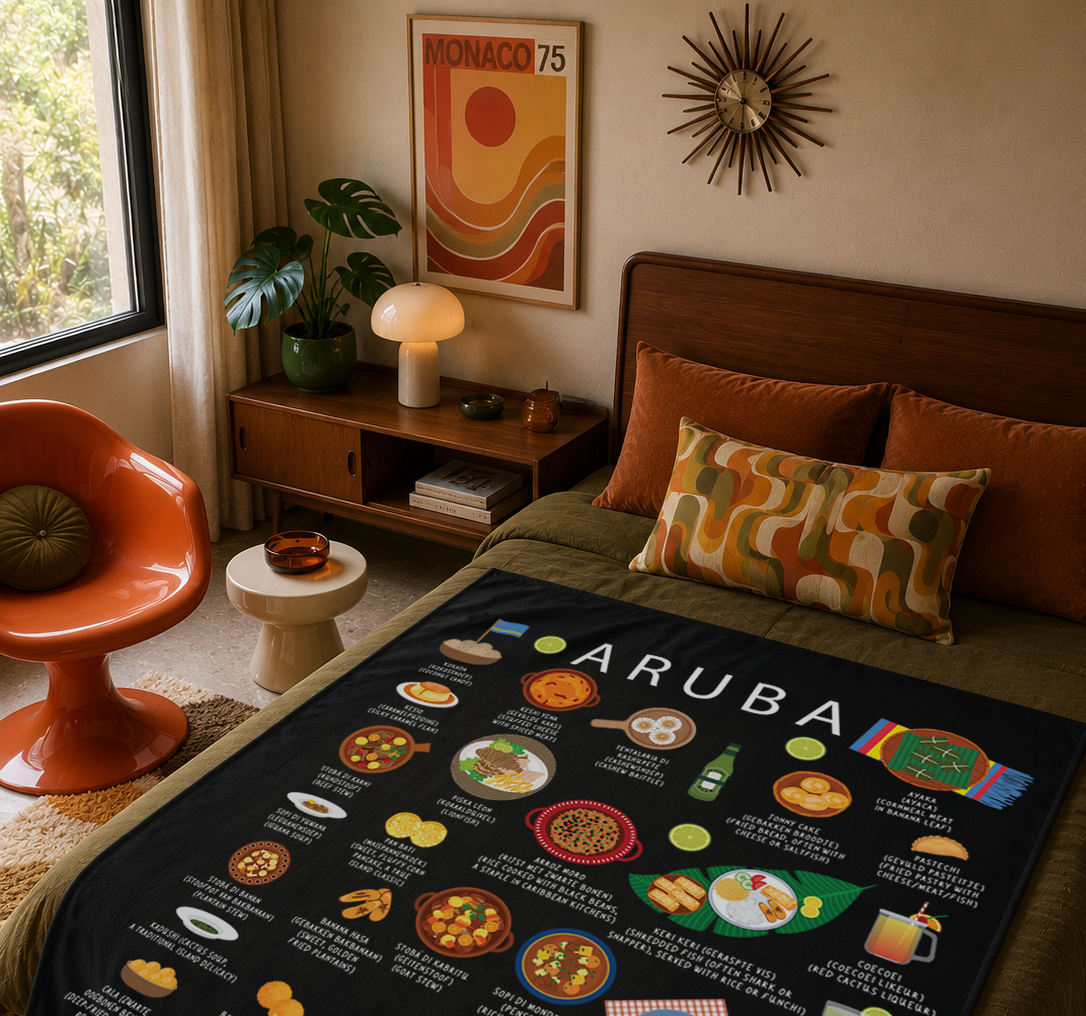 Black Aruba food blanket draped over an olive daybed in a warm mid-century bedroom with terracotta cushions