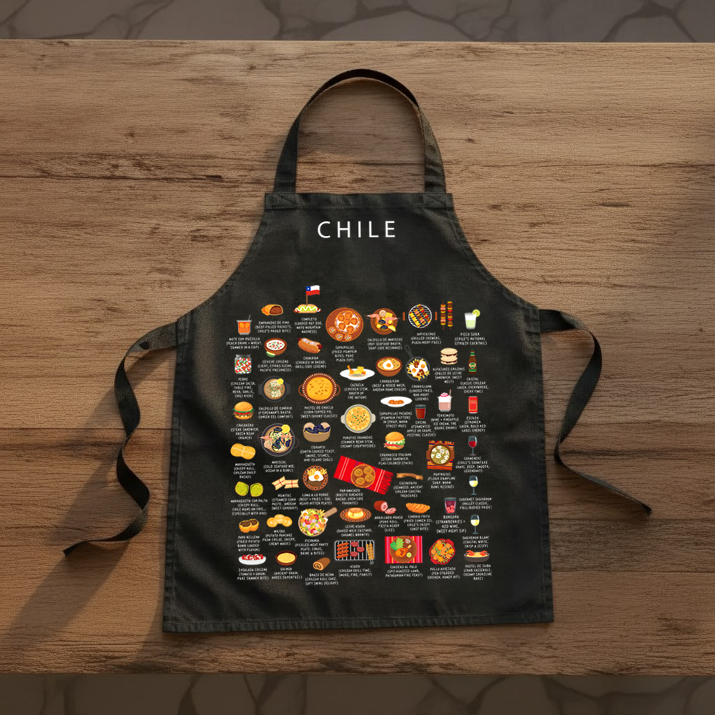 Black Chile food apron laid on a warm wooden surface