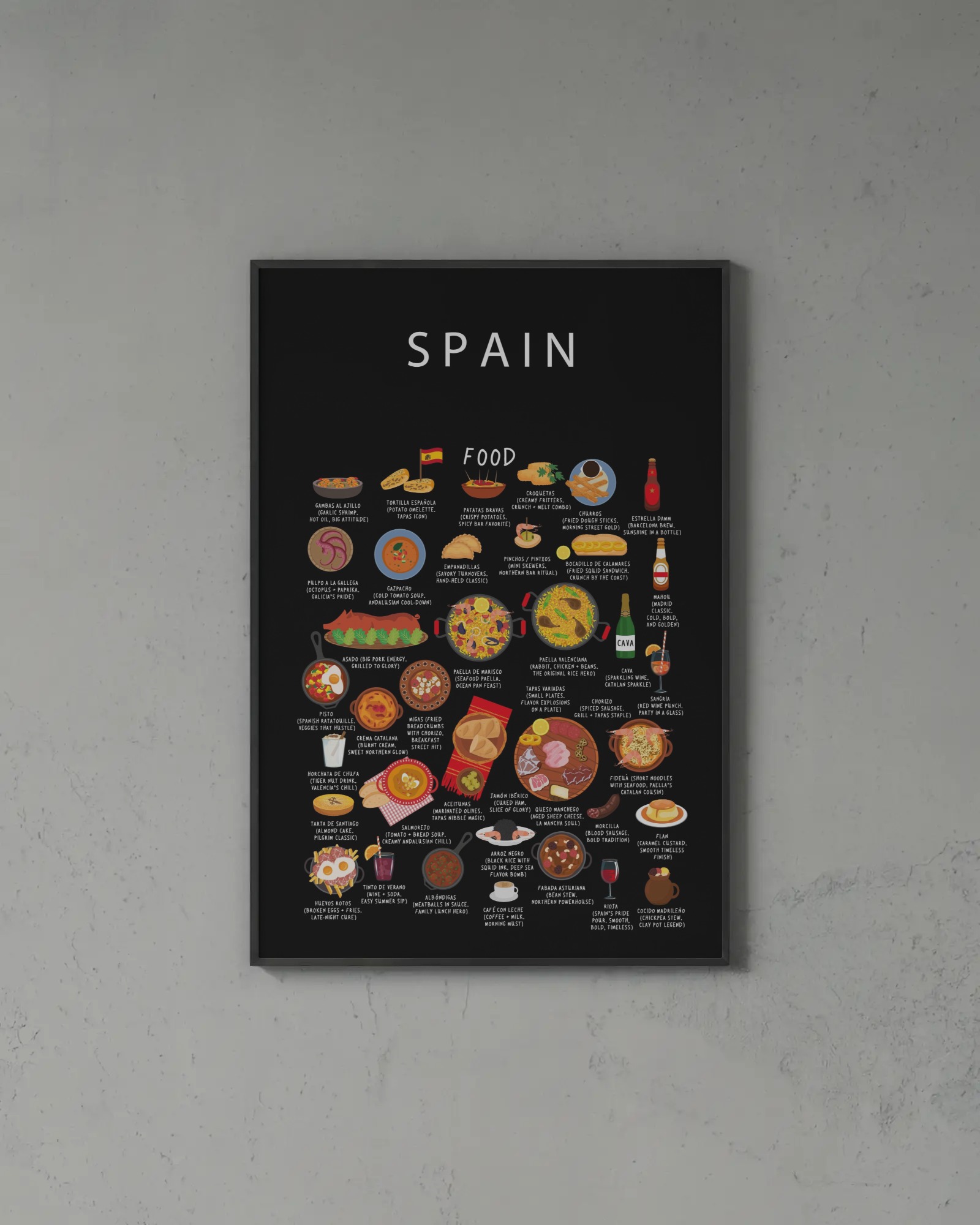 Spain food collection thumbnail featuring illustrations of Paella and Tapas — Maison Maps editorial artwork.