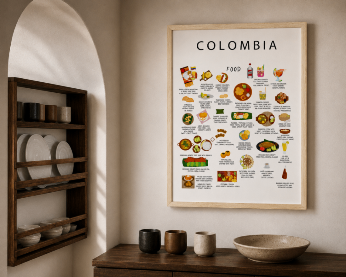 White framed Colombia food poster hung above a wooden sideboard beside a plate rack in warm daylight
