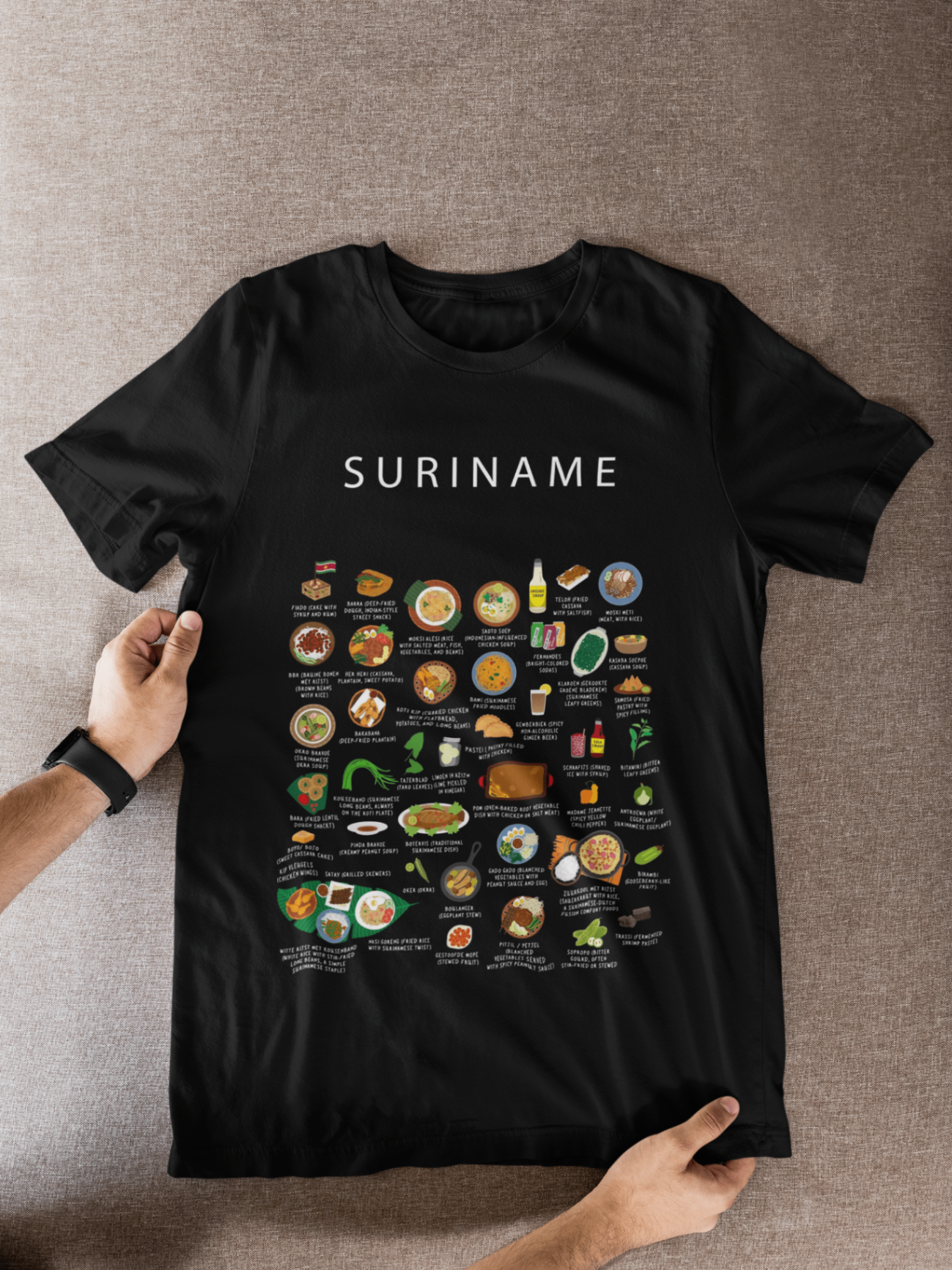 Suriname food collection thumbnail featuring illustrations of Pom and Roti — Maison Maps editorial artwork.