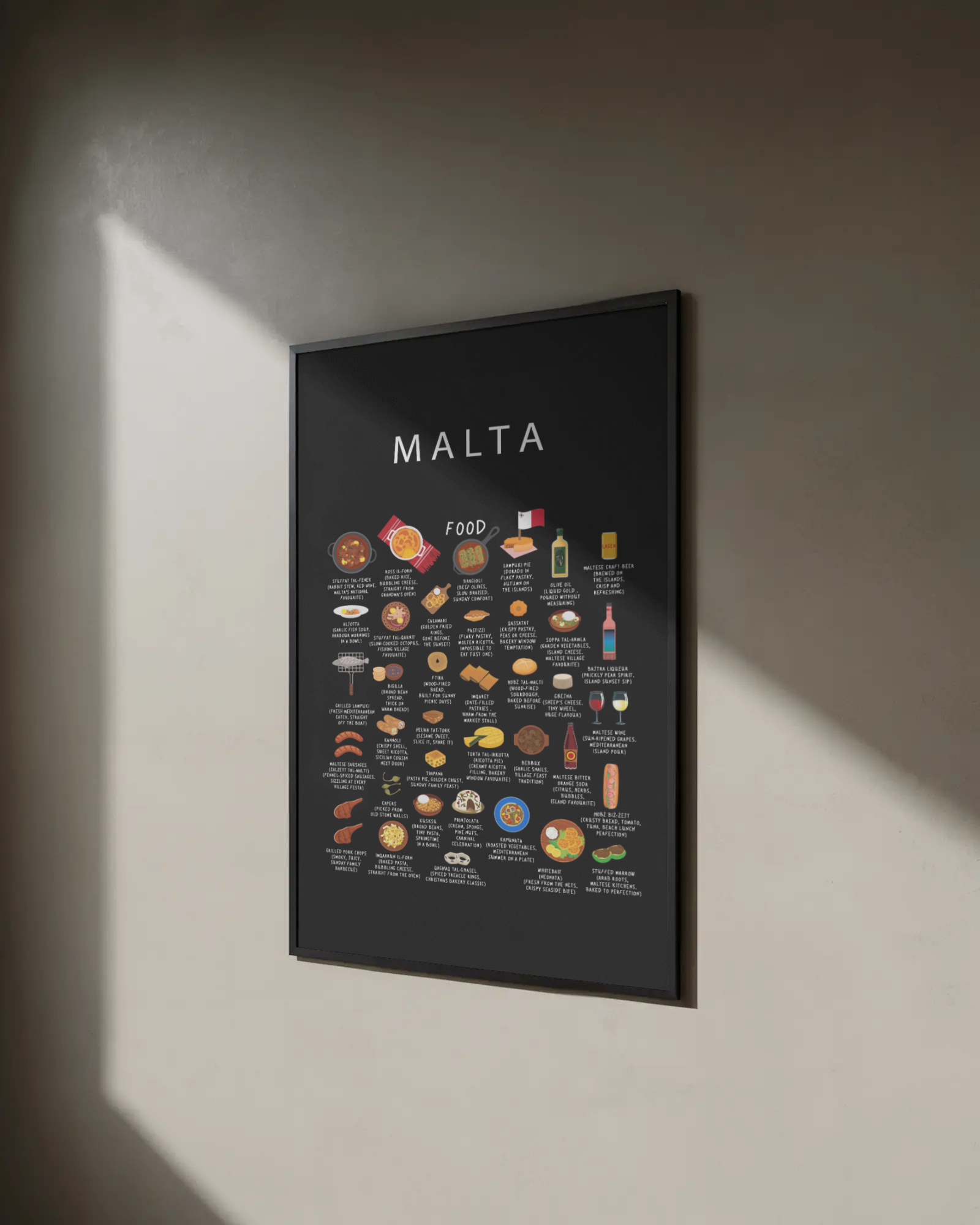 Black Malta food poster framed on a warm neutral wall in soft daylight