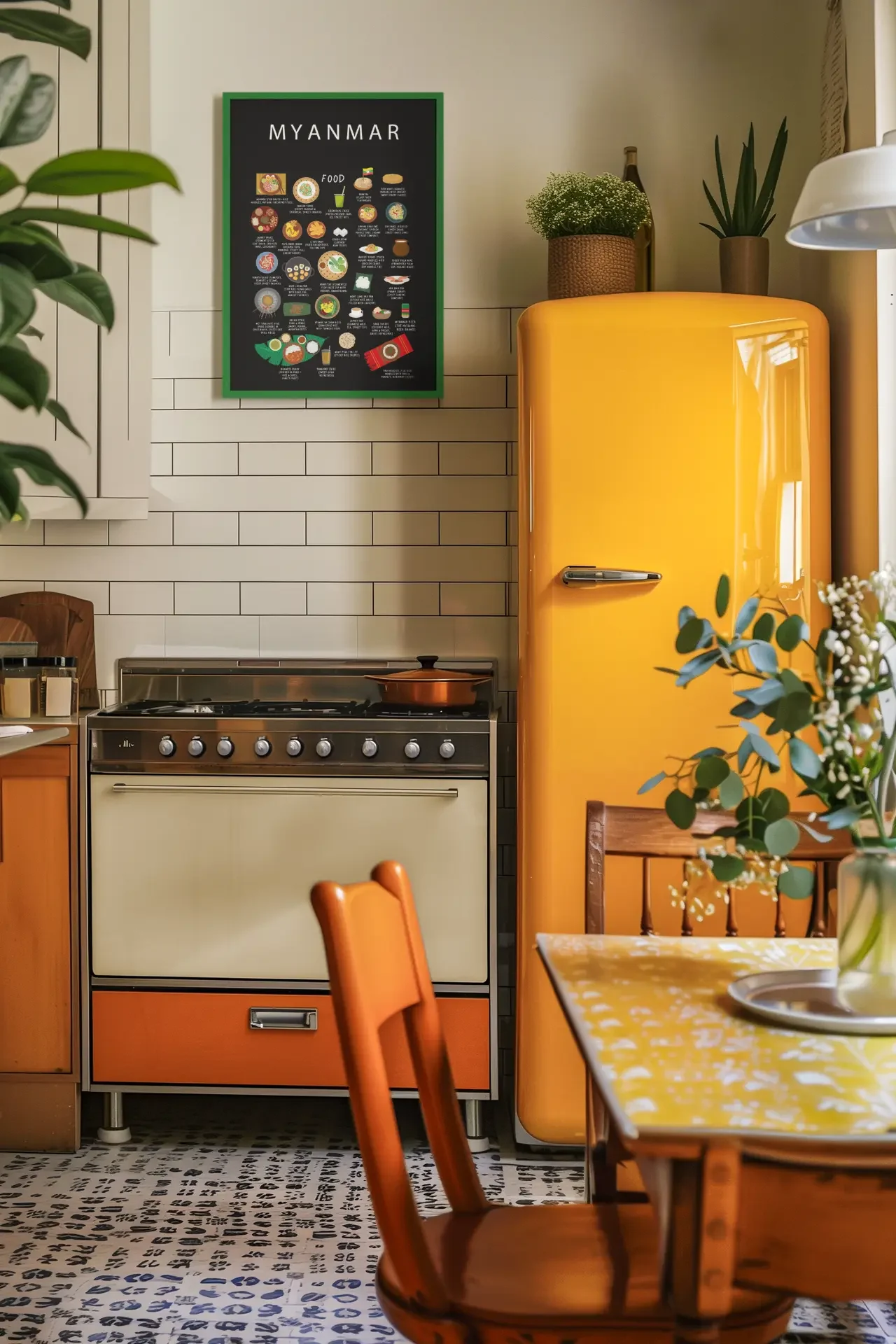 Illustrated Myanmar food poster in a green frame beside a vintage orange refrigerator