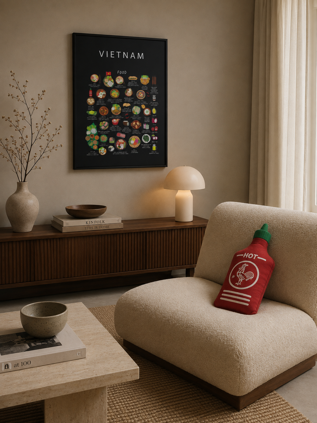 Black Vietnam food poster in a softly lit Japandi room