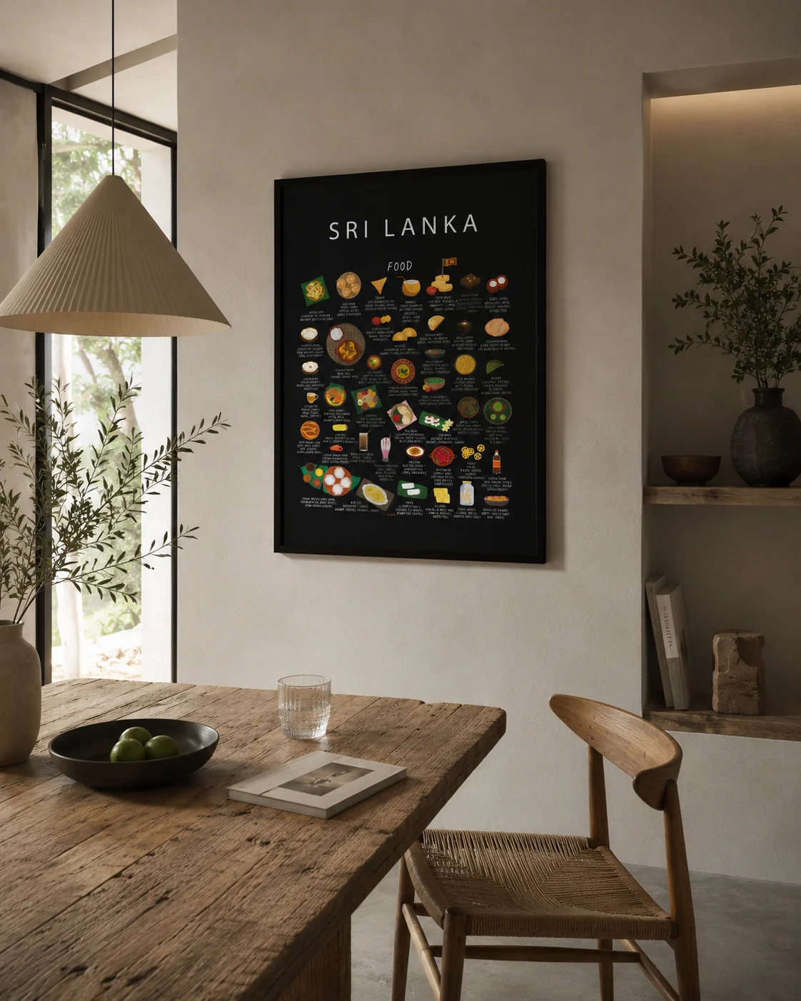 Dark framed illustrated Sri Lanka food poster on a pale wall above a rustic wooden dining table