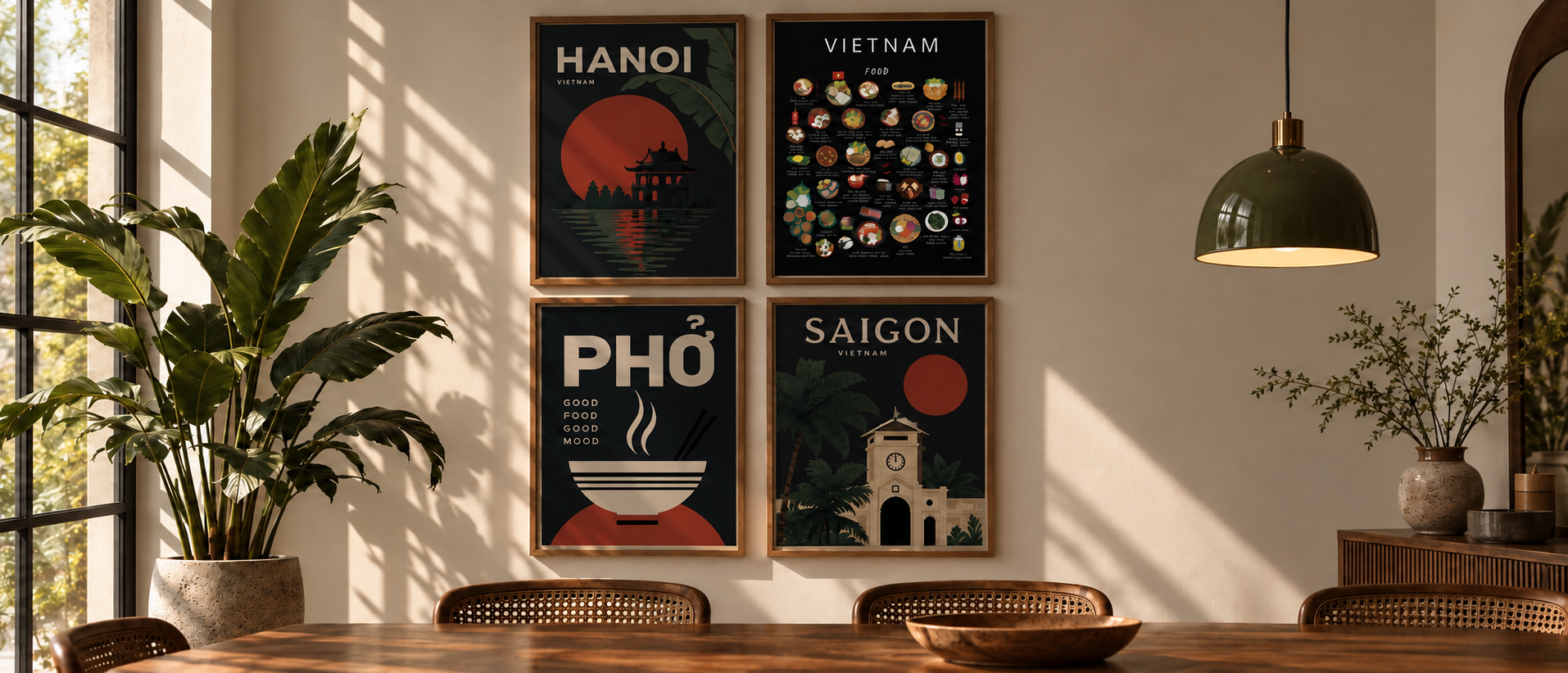 A wide Vietnam food-poster gallery wall bringing colour and Vietnamese food culture into a dining room