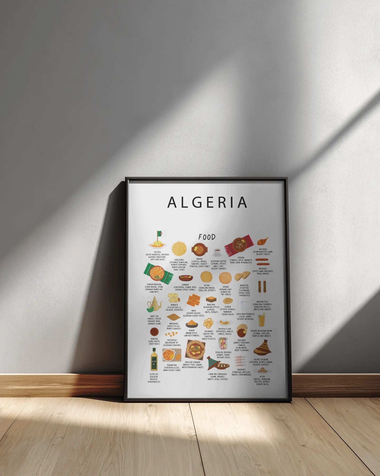 White Algeria food poster leaning against a sunlit wall on a warm wooden floor