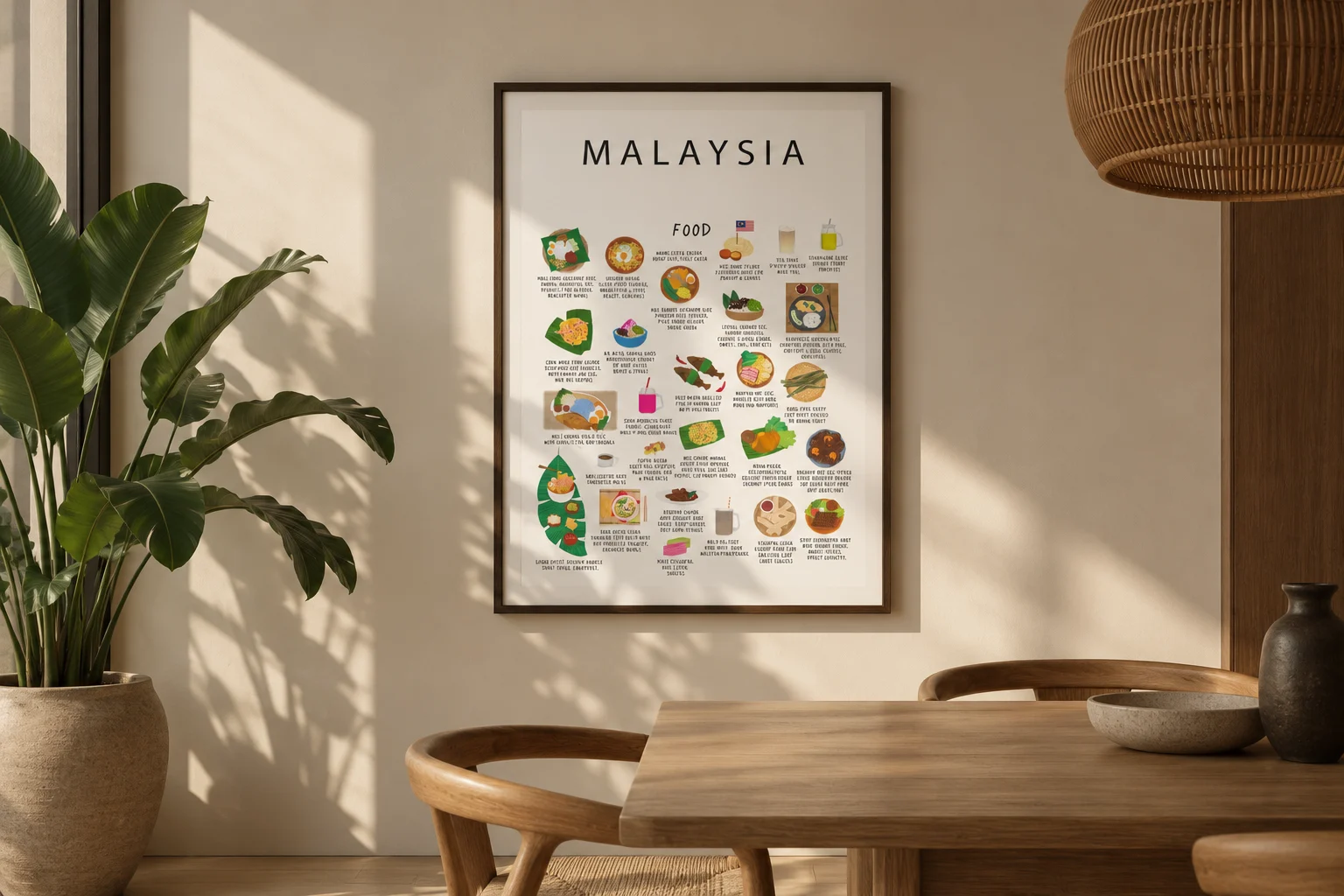 White Malaysia food poster in a wooden frame on a warm wall in a sunlit Japandi dining nook