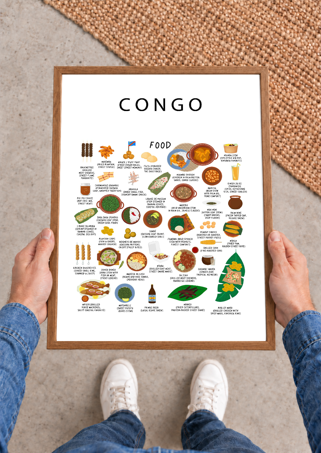 Congo food poster featuring illustrated Moambé, Saka Saka, Fufu, styled in a warm editorial interior by Maison Maps.