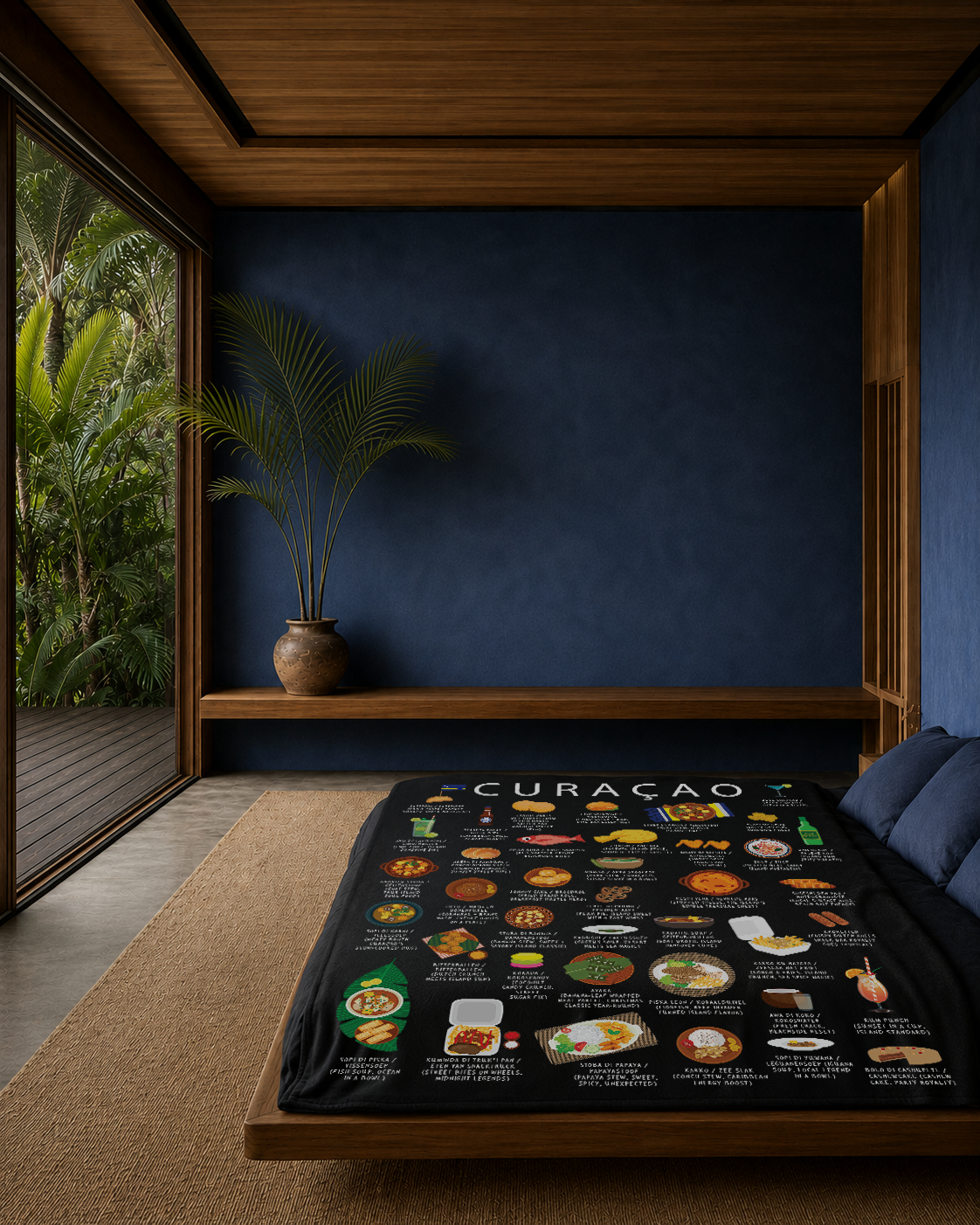 Black Curaçao food blanket draped over a low platform bed in a deep-blue bedroom with palms outside the window