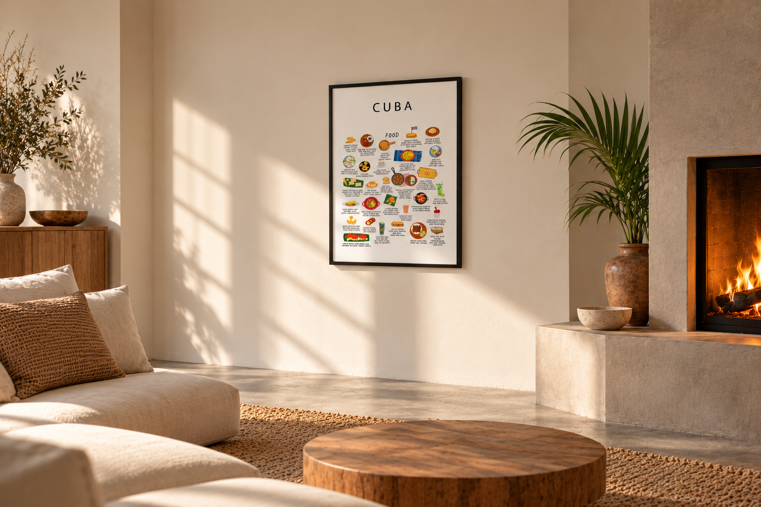 Cuba food poster featuring illustrated Ropa Vieja, Mojito, Café Cubano, styled in a warm editorial interior by Maison Maps.