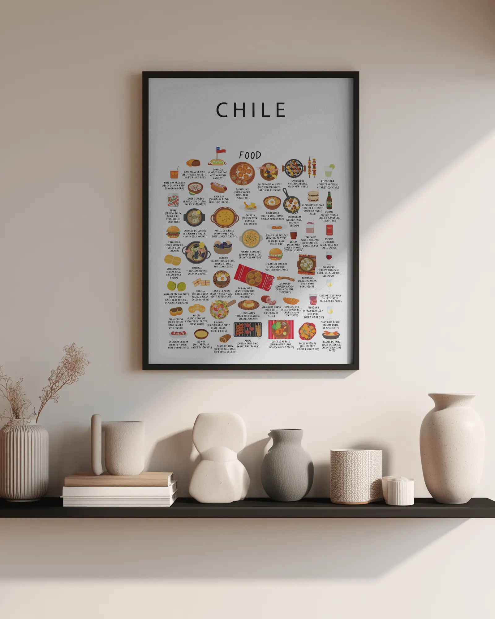Chile food collection thumbnail featuring illustrations of Empanadas and Pisco — Maison Maps editorial artwork.
