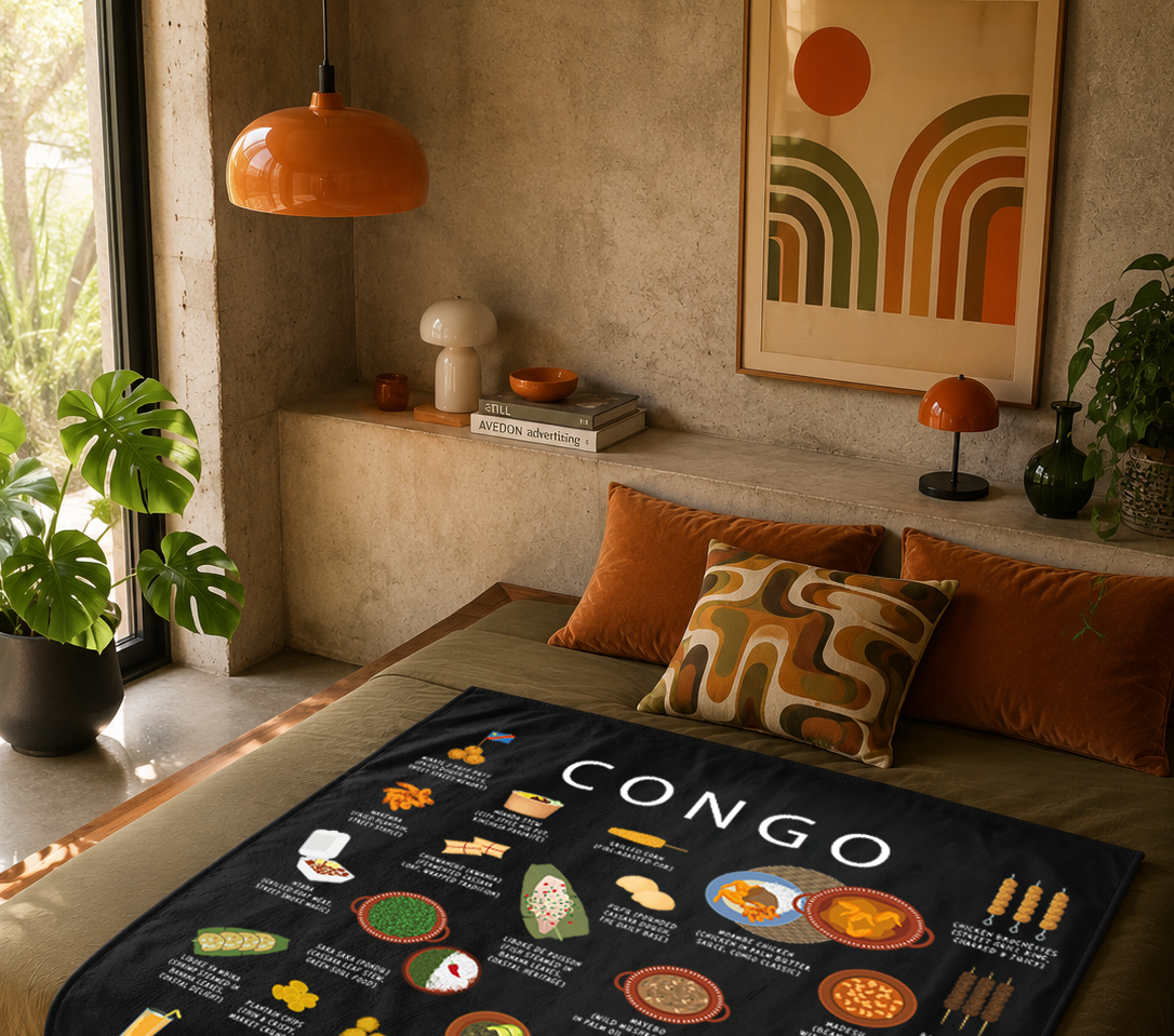 Black Congo food blanket styled on an olive daybed with terracotta cushions and warm pendant light