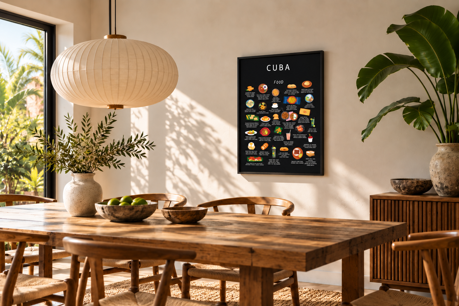 Black Cuba food poster framed above a sunlit wooden dining table