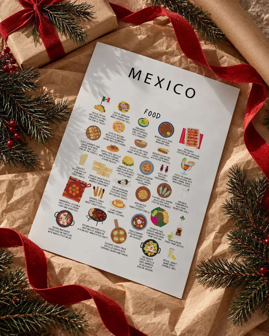 White Mexico food poster on kraft paper with red ribbon, pine branches and wrapped gifts